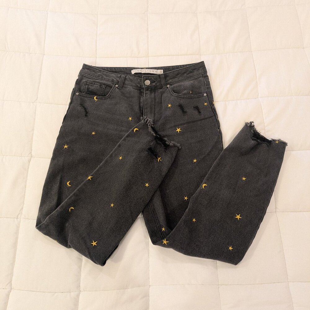 Tinseltown distressed celestial sun moon embroidery black denim jeans size 11